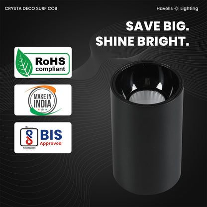 Havells Crysta Deco Surf Cob 12W 3K Black B,Led-Spotlights,Energy Efficient,Long Life of 25000 Burning Hours,Beam Angle of 36°,Metal Body Cob with Integrated Driver,Warm White (3000K)