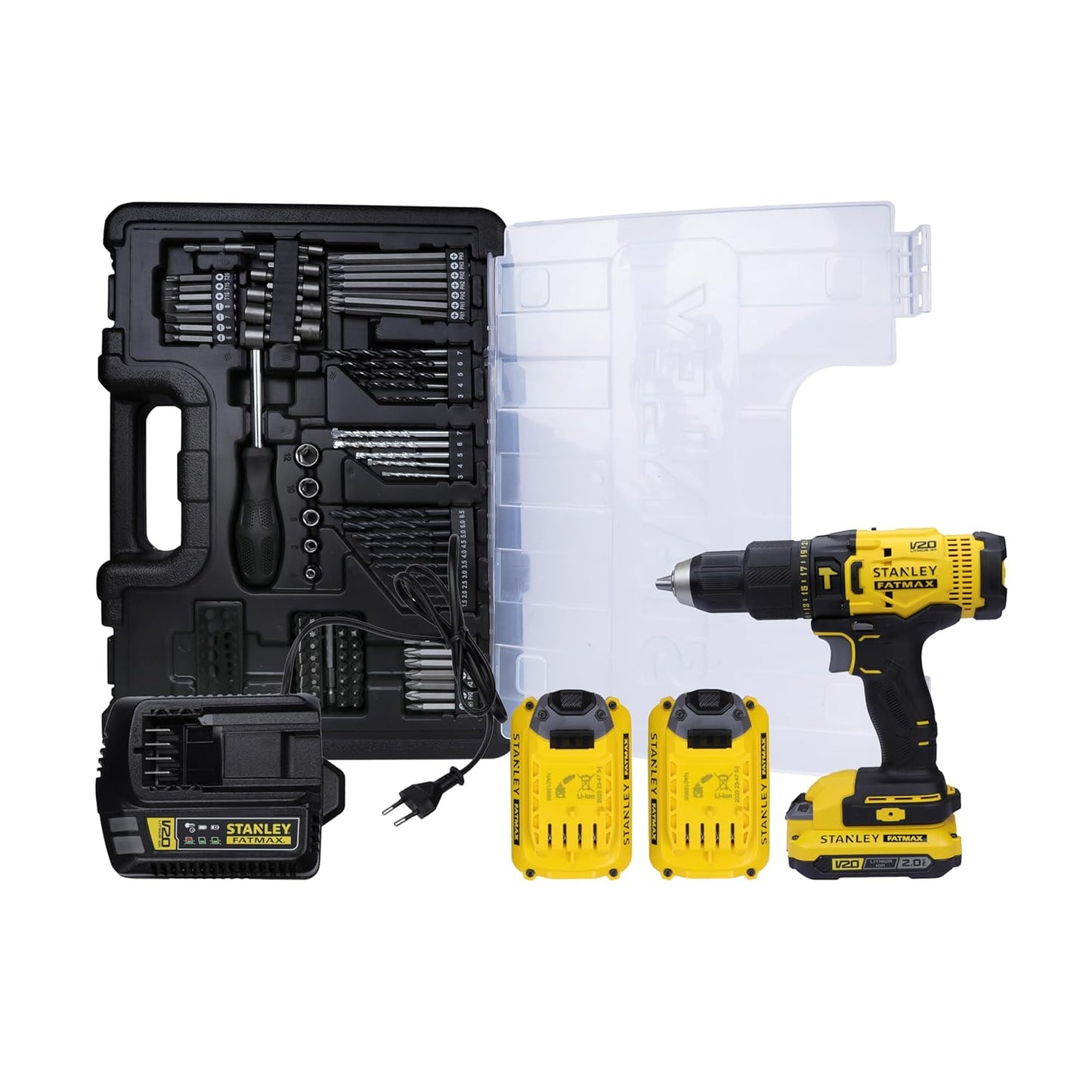 STANLEY FATMAX SCD711D2KA-B1 20V 2.0Ah 13mm Reversible Cordless Brushed Hammer Drill With 100pcs Accessories Kit 2x2.0Ah Li-ion Batteries 1pc Charger 2-Speed Gearbox, 2 Year Warranty, YELLOW & BLACK