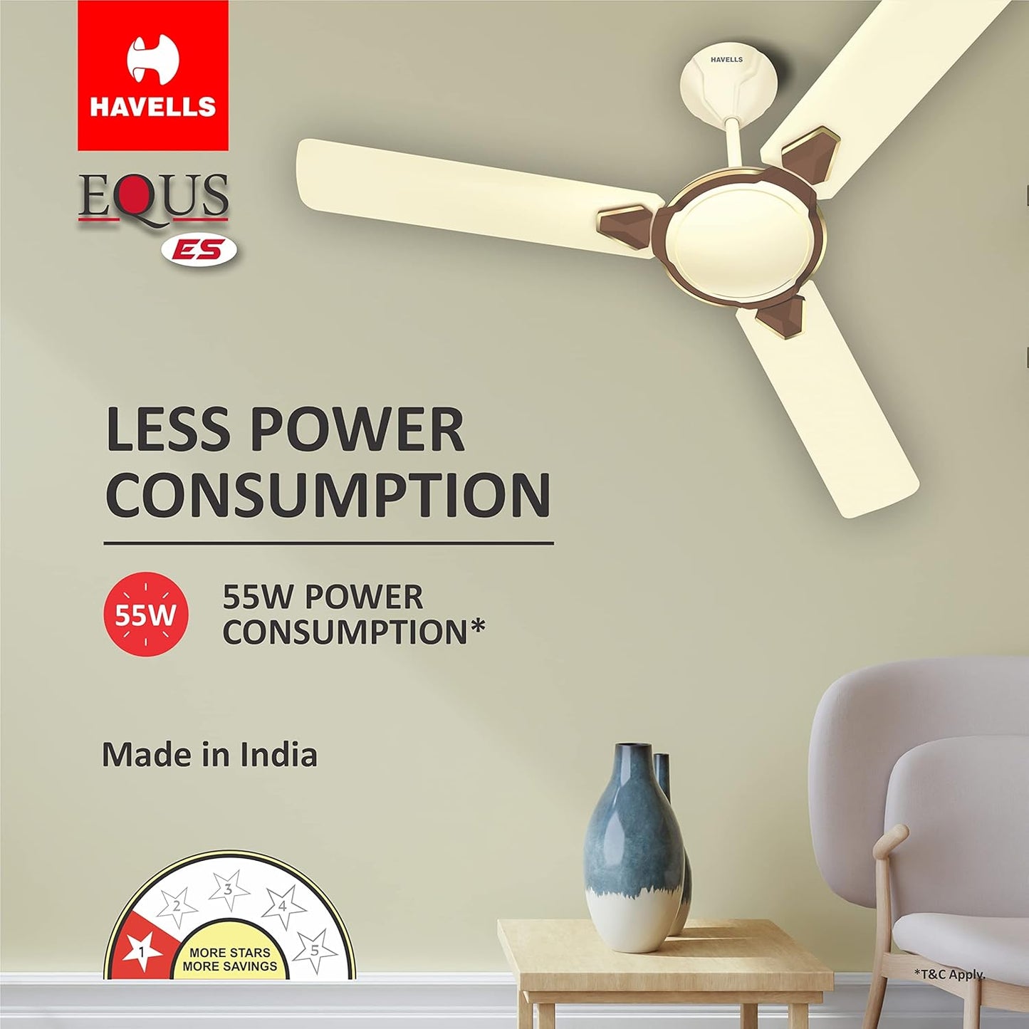 Havells 1200mm Equs ES Ceiling Fan | Premium Finish, Decorative Fan, Elegant Looks, High Air Delivery, Energy Saving, 100% Pure Copper Motor | 2 Year Warranty | (Pack of 1, Bianco Bronze) 1 Star