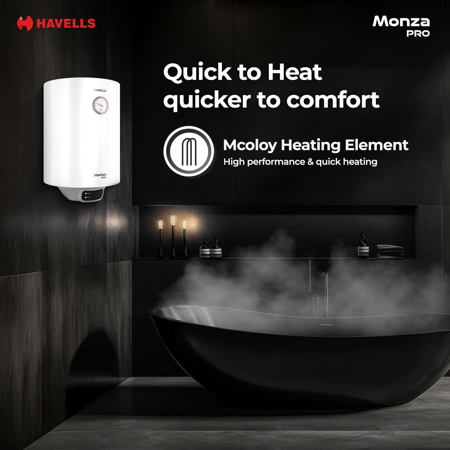 Havells Monza Pro 15L Storage Water Heater(Geyser)|Faster Heating|Safer to use|Saves electricity|Engineered for Hard Water|Endurashield Coated Anti Rust Tank|Whirlflow Technology|High Rise suitable