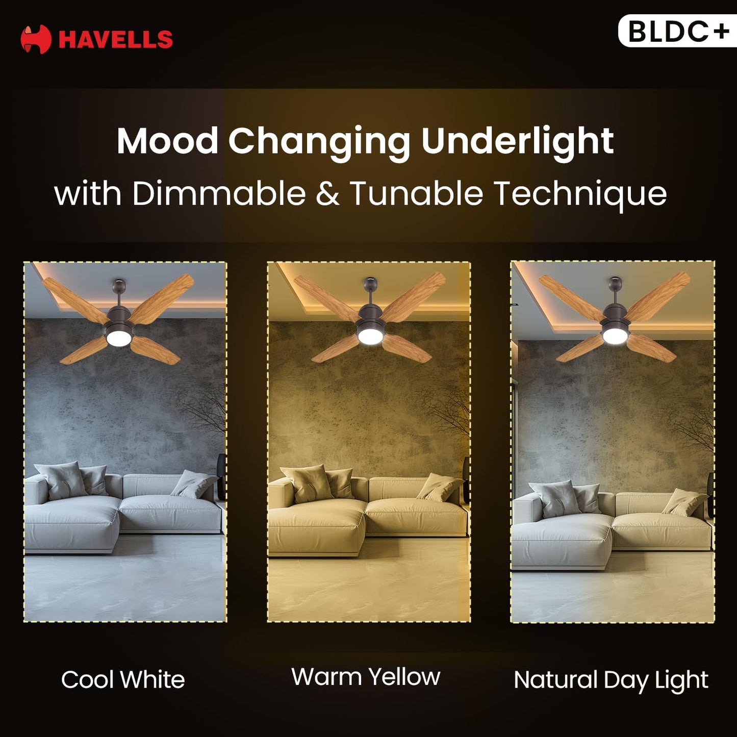 Havells 1200mm Momenta Underlight BLDC+ Ceiling Fan | Remote Controlled, Smart Fan, IoT Enabled, Alexa & Google Home Compatible | Upto 60% Energy Saving, 2 Year Warranty | (Smoke Brown Pine Wood)