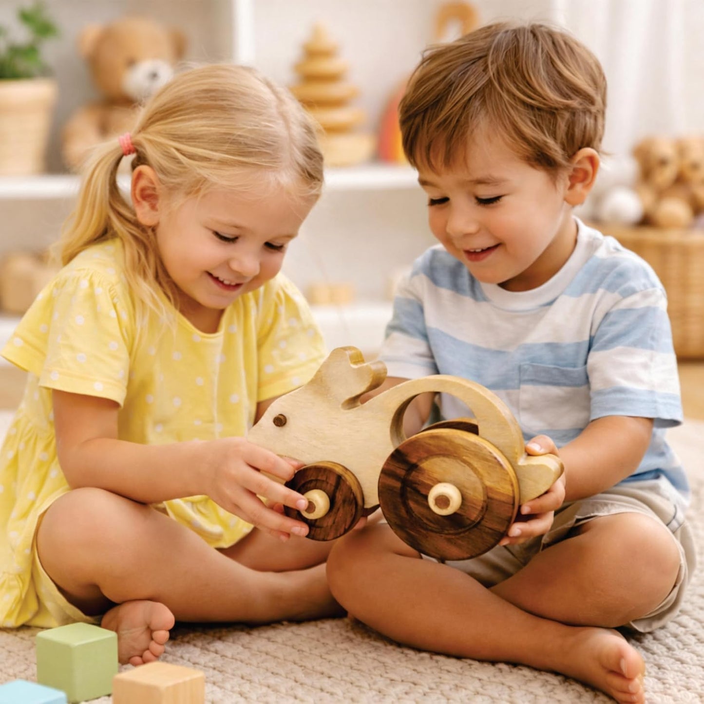 UdrCrafts® Wooden Rabbit Pull-Along Toy for Toddlers | Natural Solid Wood | No Metal | Eco-Friendly & Plastic-Free | Smooth Rolling Wheels | Nursery Decor Toy (2–5 Years) (Rabbit)