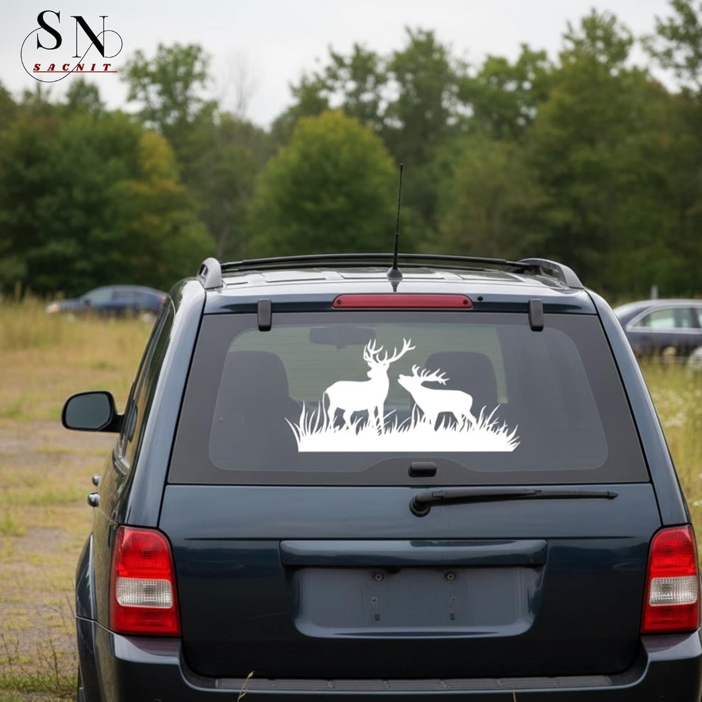 Akshar Arts Bhuwana Deer Couple Vinyl Car Sticker Wildlife Silhouette Animal Decal | Waterproof, Weatherproof & Scratch Resistant Car Window Sticker | Animal Sticker for Car, Bike | 5.5 x 2.7 Inch | Pack of 2 (White)