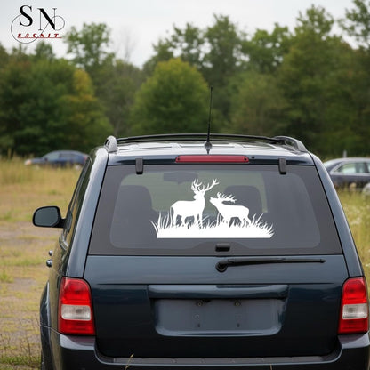 Akshar Arts Bhuwana Deer Couple Vinyl Car Sticker Wildlife Silhouette Animal Decal | Waterproof, Weatherproof & Scratch Resistant Car Window Sticker | Animal Sticker for Car, Bike | 5.5 x 2.7 Inch | Pack of 2 (White)