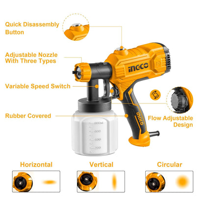 INGCO 450W Corded Paint Sprayer, 800ml Capacity, 50Din-s, 380ml/ min, Electric Spray Gun with 1.5Mm Copper Nozzle