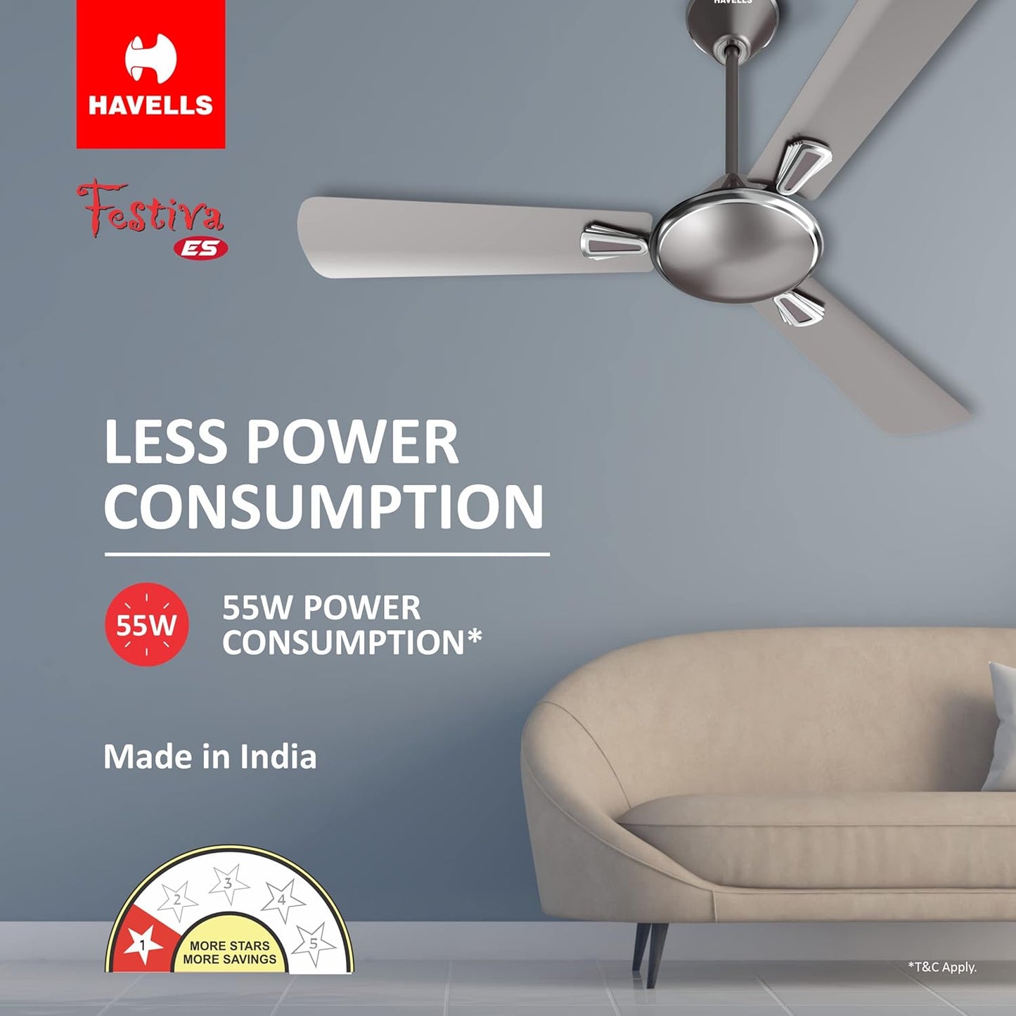 Havells 1200mm Festiva ES Ceiling Fan| Premium Finish| Energy Saving| Designer Fan for Home Decor| Elegant Looks| 230 m³/min Air Delivery| Hi-Speed Low Noise| 100% Copper Motor (Pack of 1, Mist Grey)