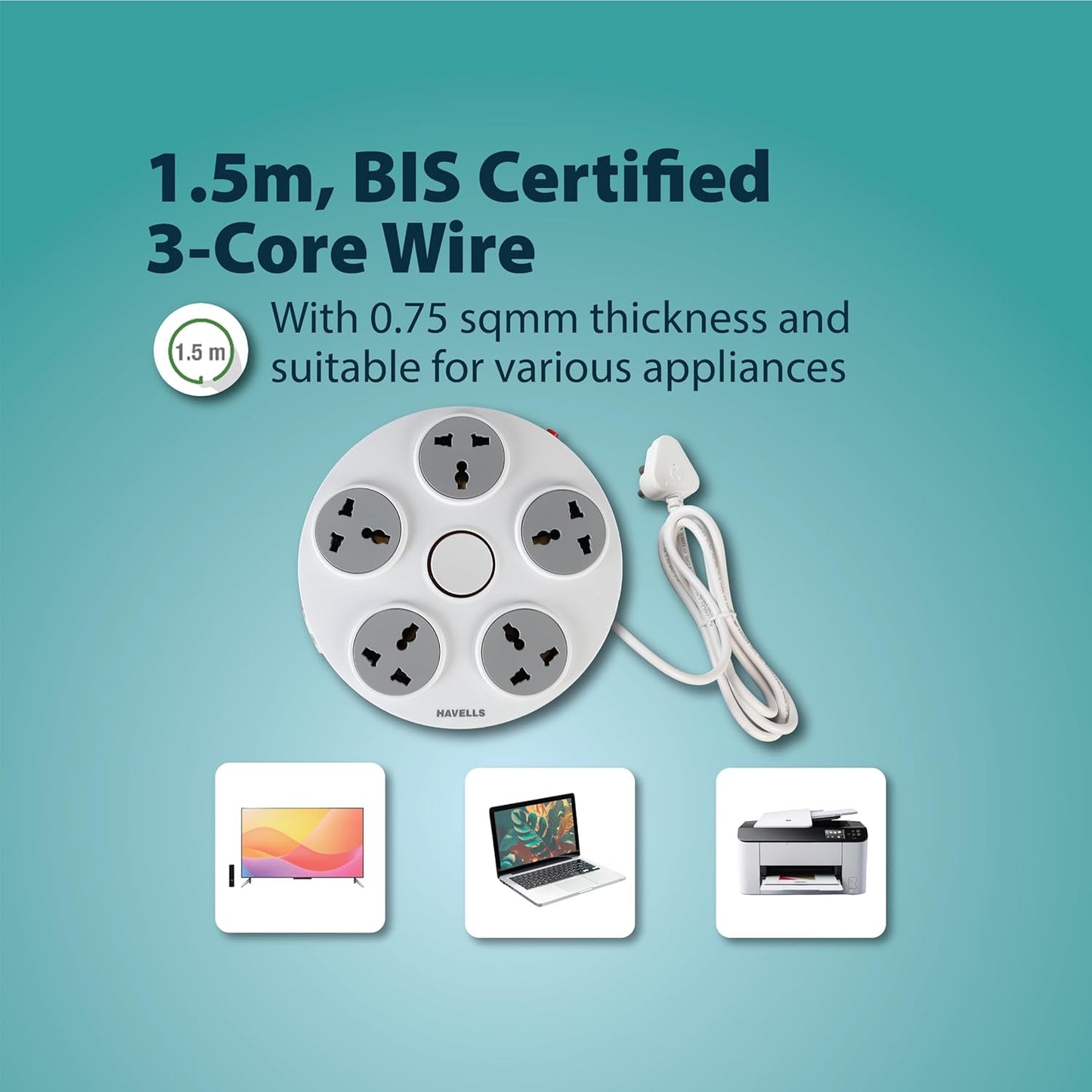 Havells Wheel Star 5X 5+1 Round Extension Board | Overload, Over Current & Over Voltage Protection | 1.5 Mtr Copper Wire | ISI Certified Wire & Plug | Universal 3 Pin 5 Sockets | LED Indicator | Home & Office Use
