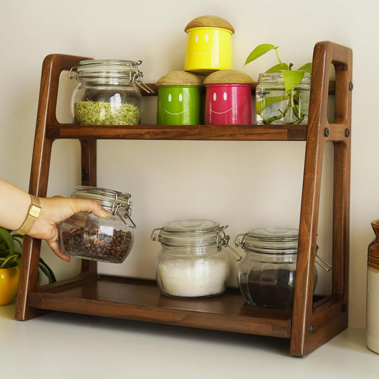 Udaipur Handicrafts Wooden Kitchen Rack Organizer 2 Tier Shelf | Multipurpose Solid Teak Wood Storage Organizer | Grocery Spice Rack | Sugar Containers, Jars, Bottles Holder for Kitchen Countertop (Food Safe)