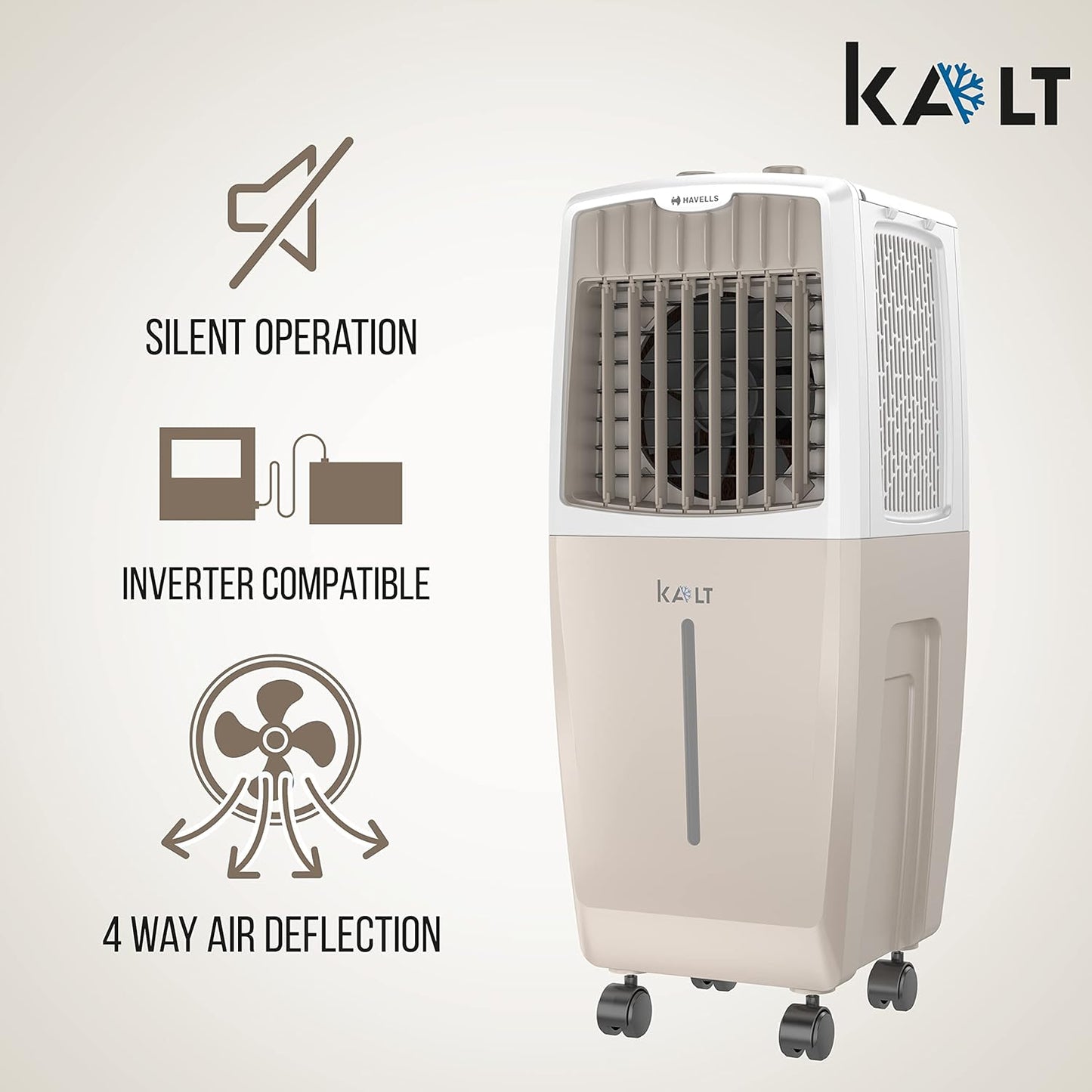 Havells Kalt 24L Personal Air Cooler for home | Powerful Air Delivery | Low Noise, Knob Panel | Everlast Pump | 4 Way Air Deflection | High Density Honeycomb Pads | Heavy Duty (White/Champagne Gold)