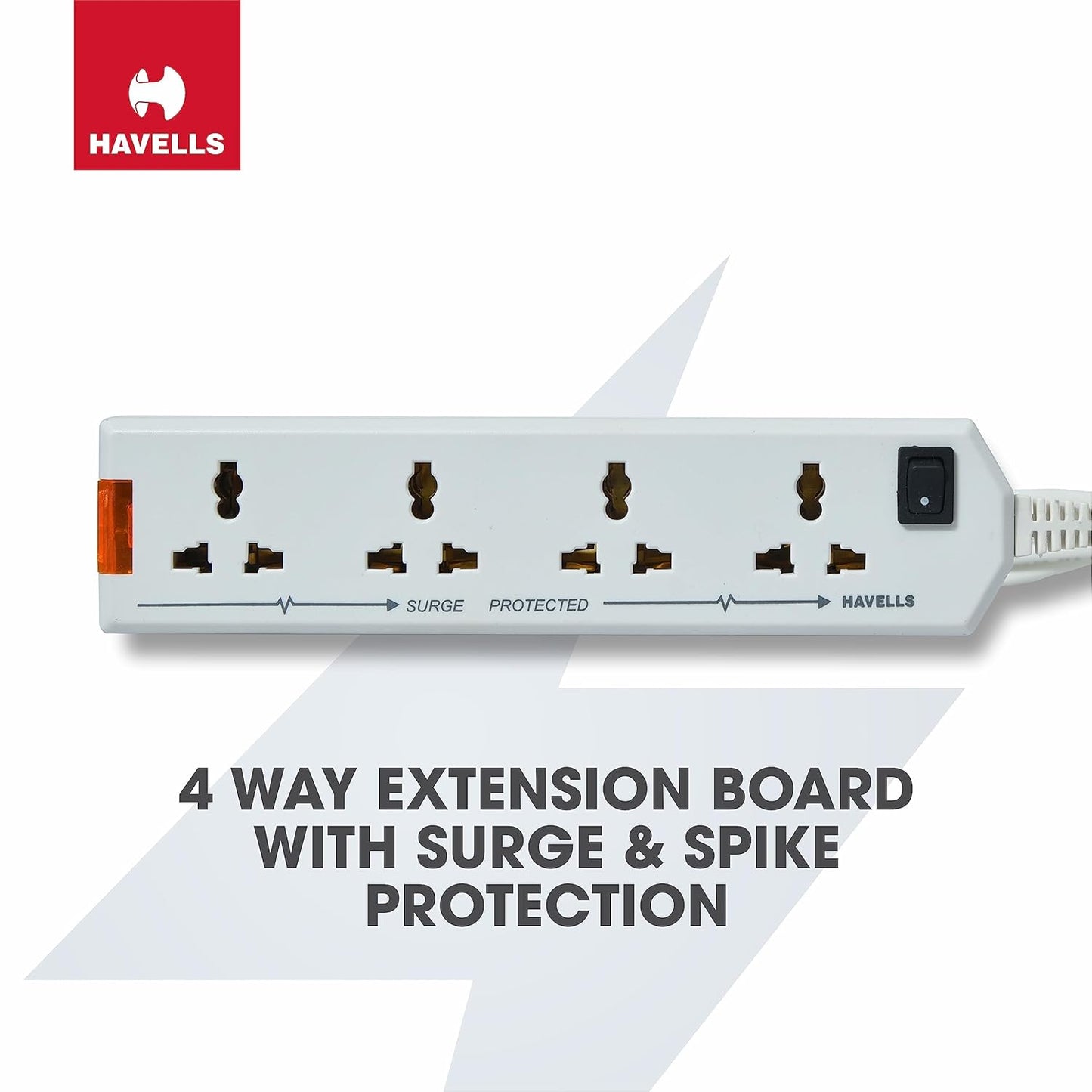 Havells 4 Way Extension Board With Surge & Spike Protection|For Power Requirements Up To 1440W |1.5 Mtr ISI Certified Copper Wire| LED Indicator | Rating -6A, 240V | Home & Office Use, 10 Volts
