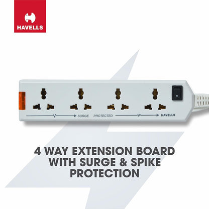 Havells 4 Way Extension Board With Surge & Spike Protection|For Power Requirements Up To 1440W |1.5 Mtr ISI Certified Copper Wire| LED Indicator | Rating -6A, 240V | Home & Office Use, 10 Volts