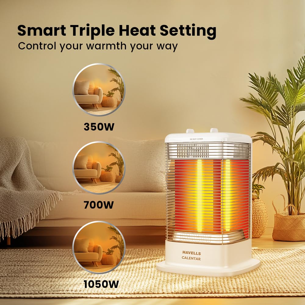 Havells Calenter 1050 Watt Room Heater With 3 Carbon Heating Tube| 3 Heat Setting| Tip Over Switch Protection| 3 Direction Heating| Upto 120min. Timer Setting| 2 Years Manufacturer Warranty (White)