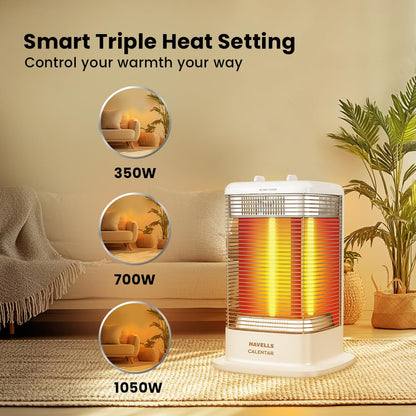 Havells Calenter 1050 Watt Room Heater With 3 Carbon Heating Tube| 3 Heat Setting| Tip Over Switch Protection| 3 Direction Heating| Upto 120min. Timer Setting| 2 Years Manufacturer Warranty (White)