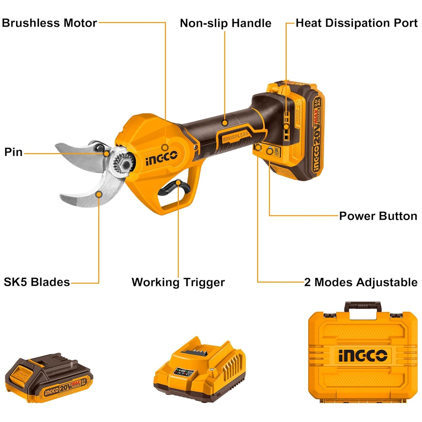 INGCO CSSLI203083 20V Cordless Gauge Straight Shear 220-240V 20/30mm Cutting Diameter Angular Scissors with 2.0Ah Battery Pack & Charger for Pruning Lawn Garden (Set of 1)