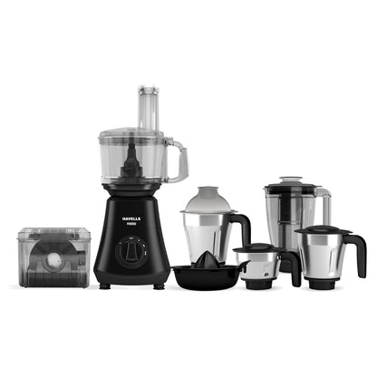 Havells Foodo 750 Watt Mixer Grinder with 5 Jars | Includes Food Processor Jar with Dual Pusher | 14-in-1 Functionality | Rust-Resistant 304 SS Blades | Storage Box | 5-Year Motor Warranty (Black)