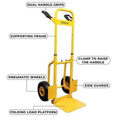 STANLEY SXWT-FT520 Steel Folding Handtruck,120kg Load Capacity,Ergonomic Handle with Knuckle Protection,10" Large Pneumatic Wheels,Foldable Base Plate,Open Dimn: 52x48x113 cm,Folded Dimn: 28x48x80 cm