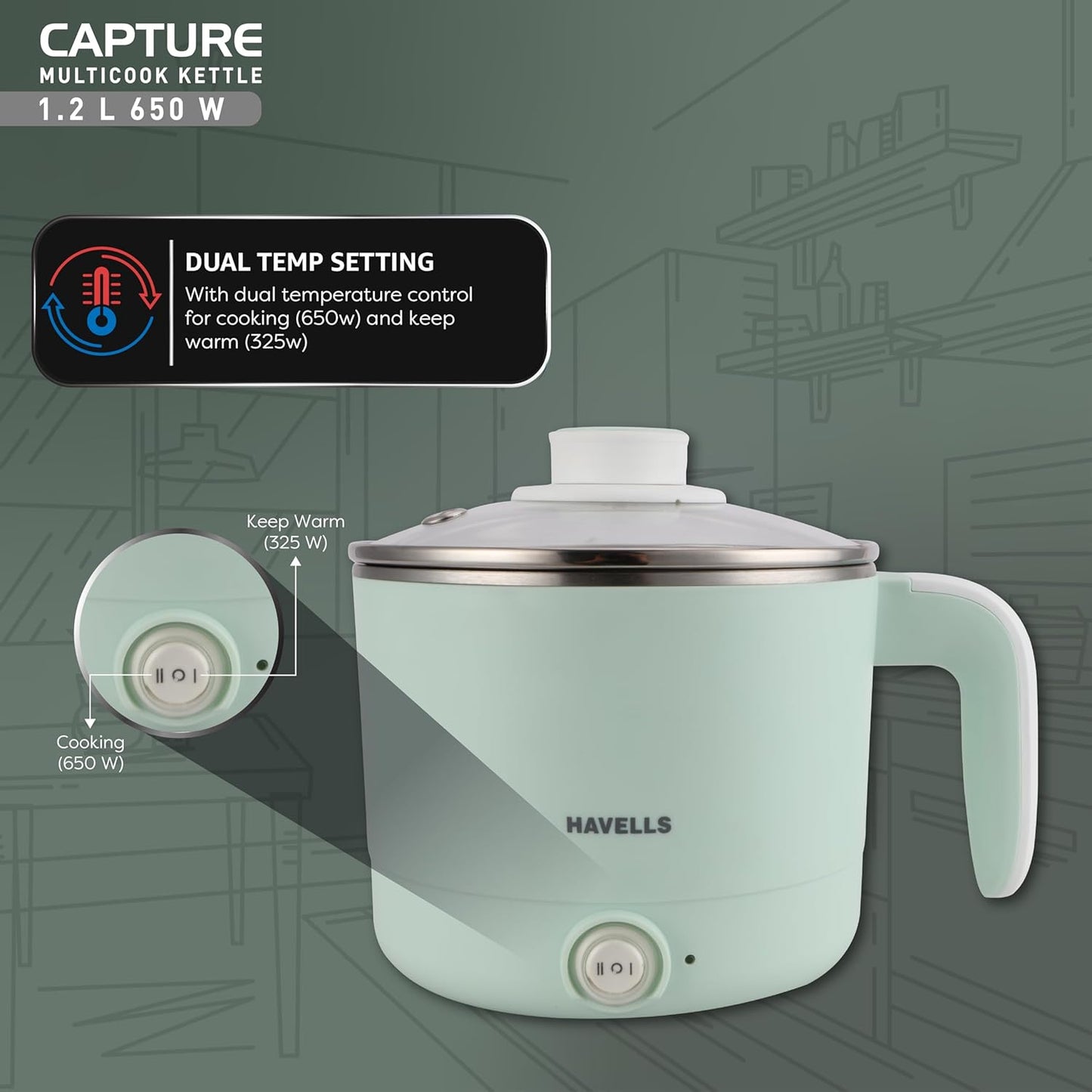 Havells Capture 1.2 L Multi-Cook Electric Kettle with Steamer | 650W |304 Stainless Steel Inner Body|Cooks Noodles, Rice, Milk | Cool-Touch Body | 2 Years Door Step Warranty by Havells (Green)