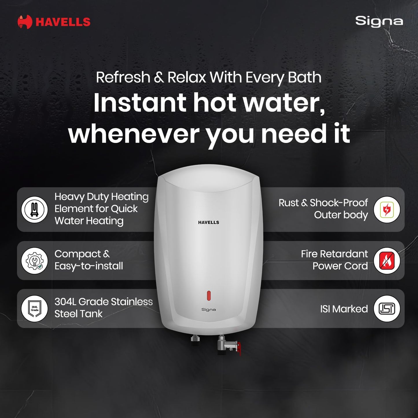 Havells Signa 5 Litre Instant Water Heater(Geyser)| Twin LED Indicator| Rust and Shock Proof Body| ISI Marked| Fire Retardant Power Cord| Warranty: 5 year on inner tank & 2 year comprehensive (White)