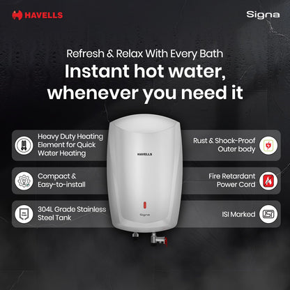 Havells Signa 5 Litre Instant Water Heater(Geyser)| Twin LED Indicator| Rust and Shock Proof Body| ISI Marked| Fire Retardant Power Cord| Warranty: 5 year on inner tank & 2 year comprehensive (White)