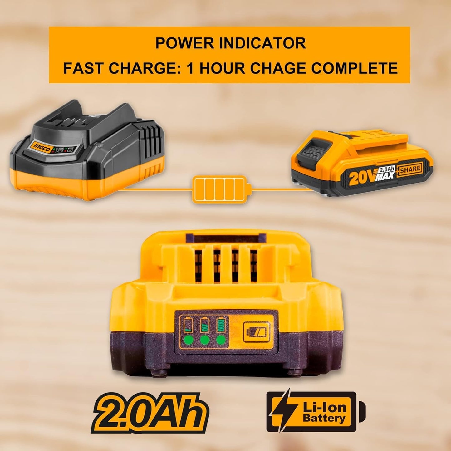 INGCO 20V Battery & Charger Set, 2.0Ah Battery and Fast Intelligent Charger, Compatible with All INGCO 20V Power Tools