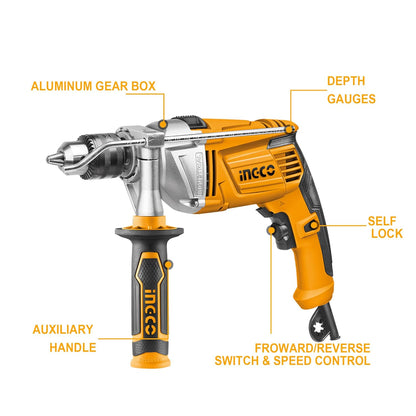 INGCO Impact Drill, 1100W,2800rpm,13mm Hammer Drill Machine, Aluminum Gear Box, Variable Speed Corded Drill Machine, Froward/Reverse Switch Electric Drill with Depth Gauge for Home Construction Concrete