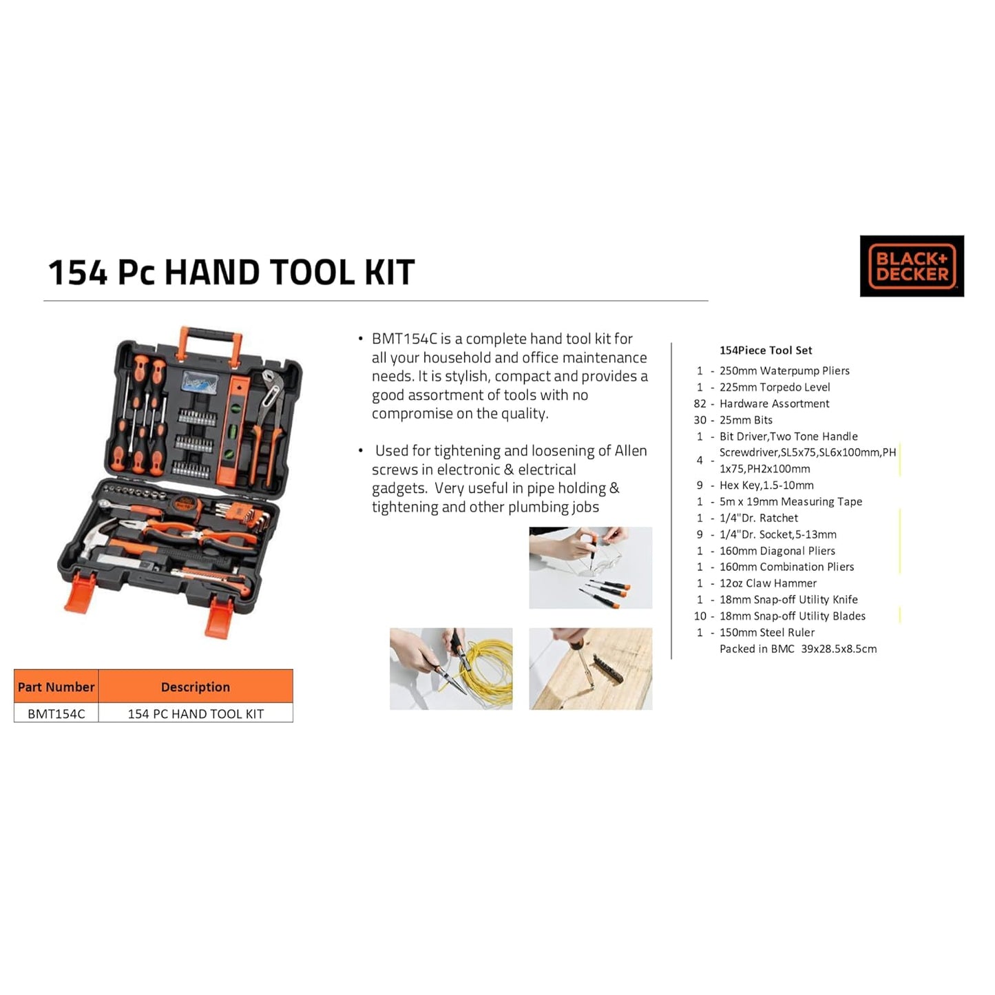 BLACK+DECKER BMT154C Hand Tool Kit for Home & DIY Use (154-Piece) - Includes Screwdriver, Wrench, Ratchet, Utility Knife, Saw, Claw Hammer, Measuring Tape and Plier, 6 Month Warranty, ORANGE & BLACK