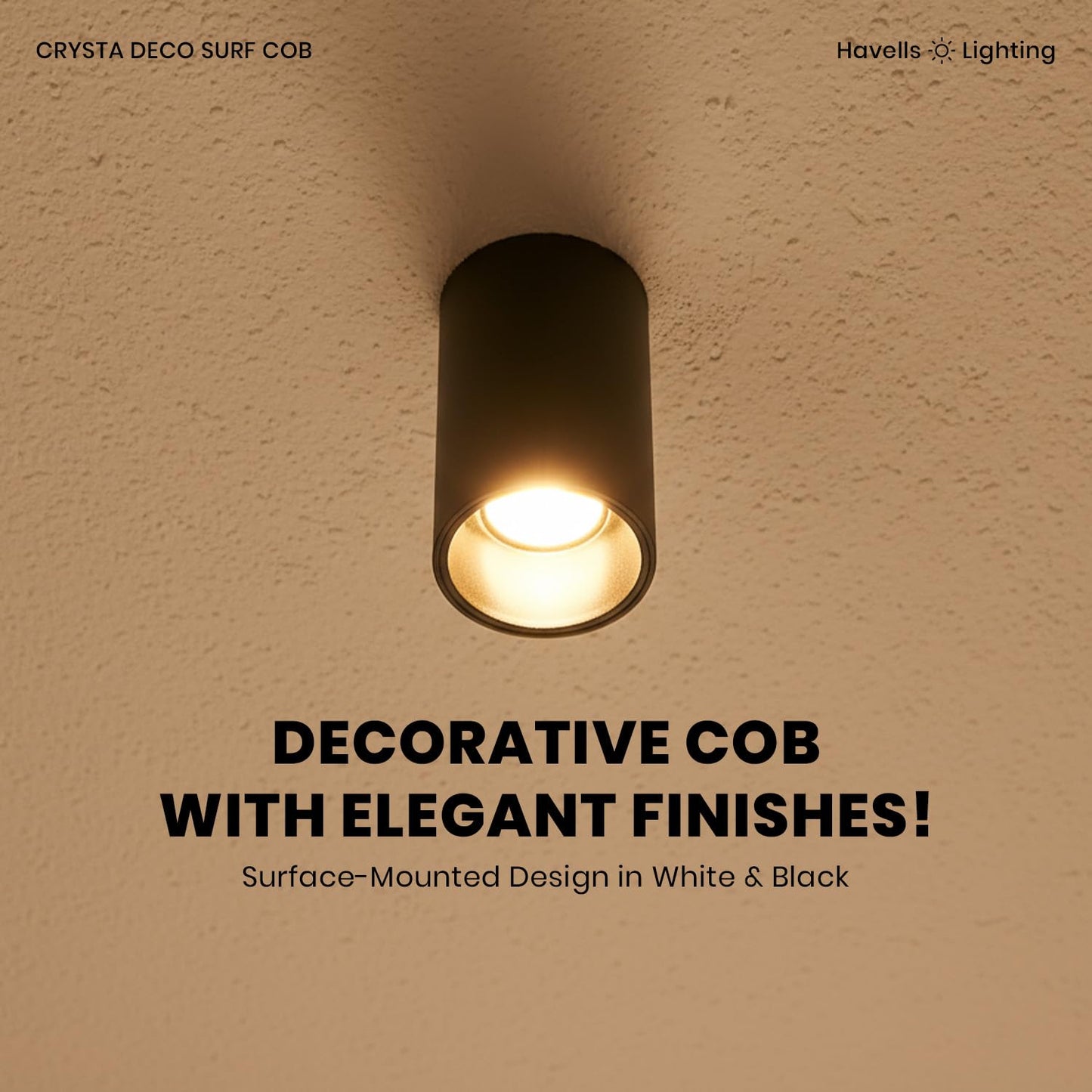 Havells Crysta Deco Surf Cob 12W 3K Black B,Led-Spotlights,Energy Efficient,Long Life of 25000 Burning Hours,Beam Angle of 36°,Metal Body Cob with Integrated Driver,Warm White (3000K)