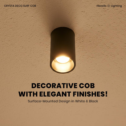 Havells Crysta Deco Surf Cob 12W 3K Black B,Led-Spotlights,Energy Efficient,Long Life of 25000 Burning Hours,Beam Angle of 36°,Metal Body Cob with Integrated Driver,Warm White (3000K)
