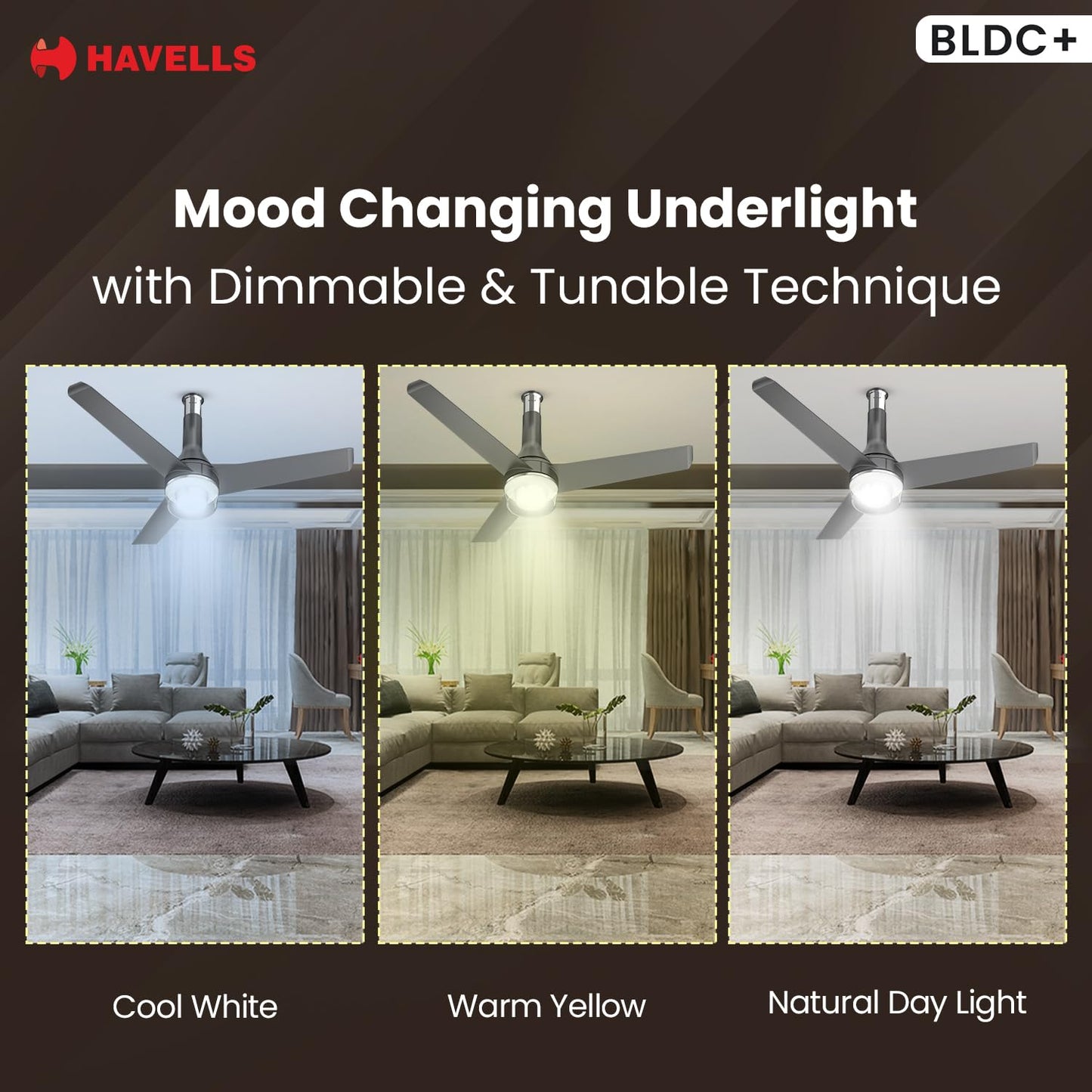 Havells 1200mm Crista Underlight BLDC Ceiling Fan | Remote Controlled, Smart Fan, IoT Enabled, Alexa & Google Home Compatible | 5 Star Rated, Upto 60% Energy Saving, 2 Year Warranty | (Slate Chrome)