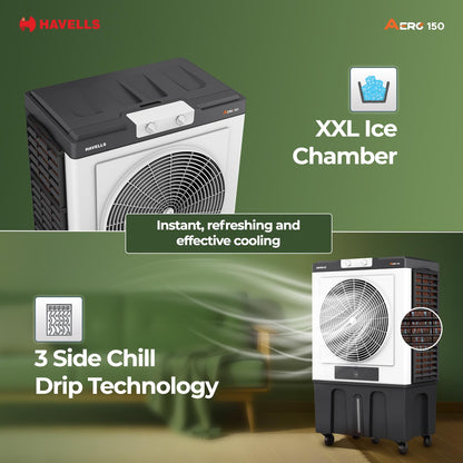 Havells Aero 150 L Premium Commercial Air Cooler| 22" Metal Blade Fan| Powerful Air-Delivery of 12000 m³/h| 3 Side Bacteria Shield Honeycomb Pads| Dust Filter Nets| XXL Ice chamber| Auto fill function