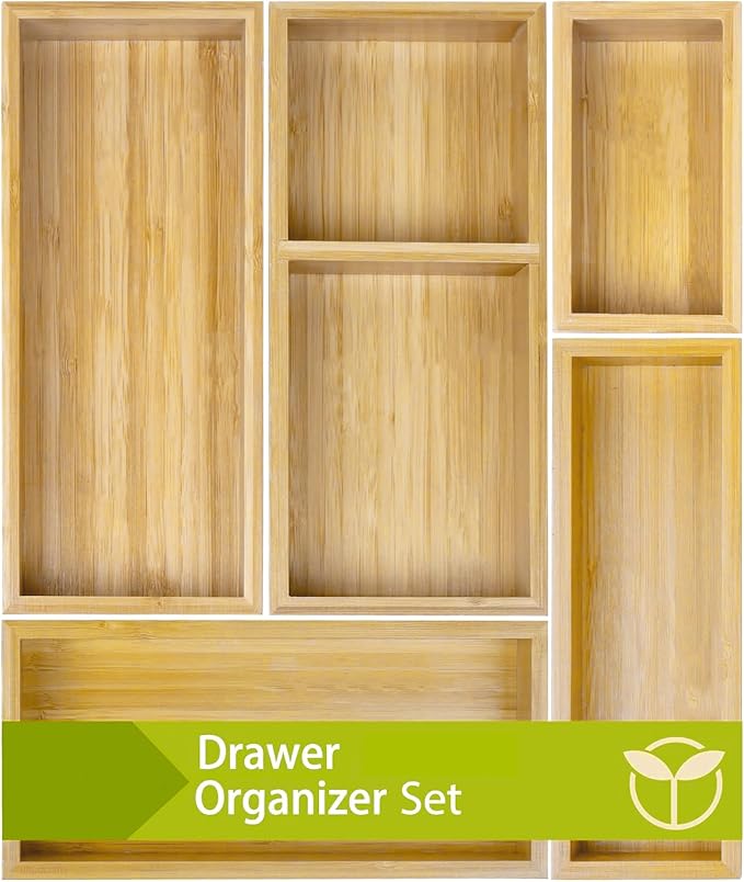 Udaipur Handicrafts Solid Wood Drawer Organizer Set, 5 PCS Multi-Use Wooden Storage Organizers, Drawer Divider and Storage Trays for Kitchen, Makeup, Jewelry, Utensils