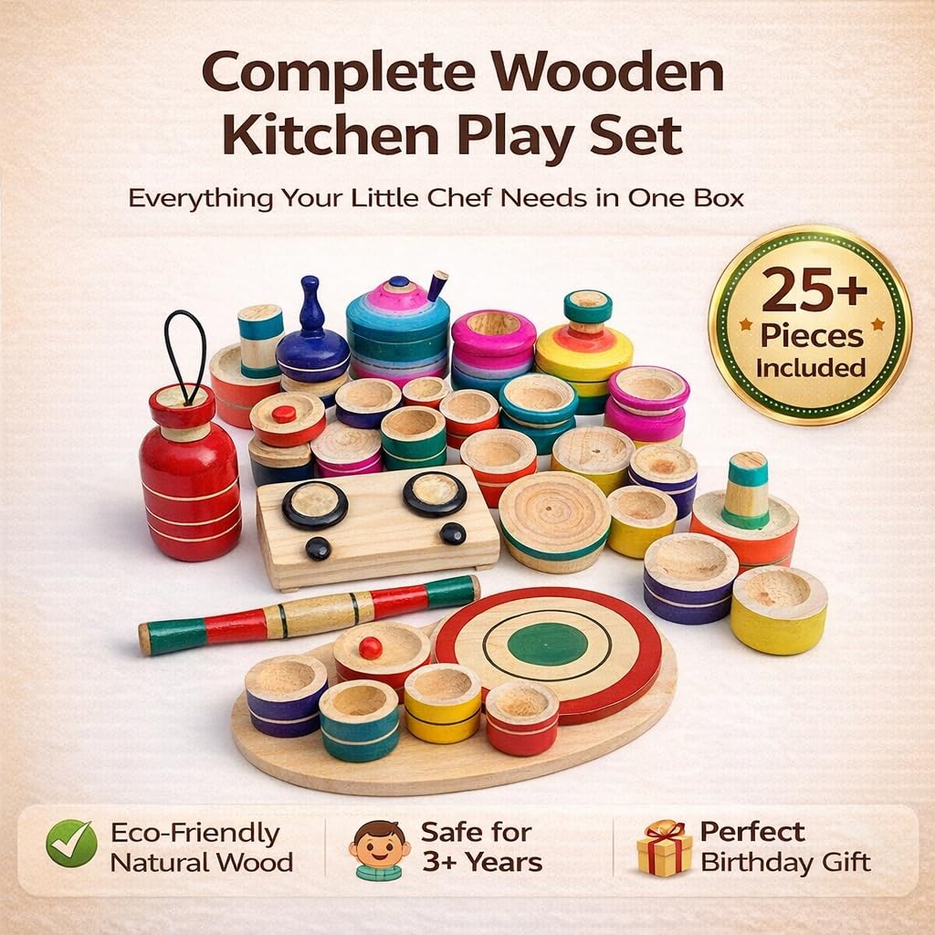 Udaipur HandiCrafts Wood Eco Friendly Wooden Kids Toy Kitchen Set/Choppu Jaman Made In India Kids Gas Stove With Cylinder Combo-Multi Color