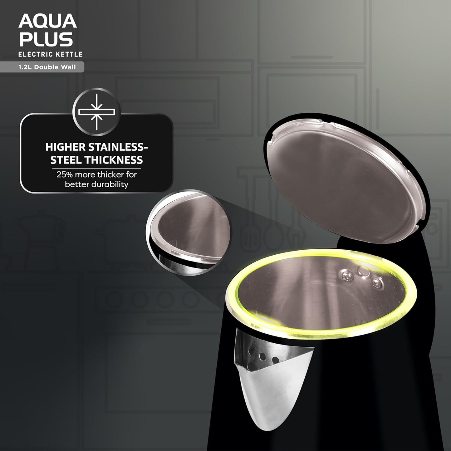 Havells Aqua Plus Electric Kettle 1.2 Litre, 1250 Watt | 304 Stainless Steel Inner Body | Cool Touch Body | Auto Shut-Off |Wider Mouth|2 Years Door Step Warranty by Havells (Black)