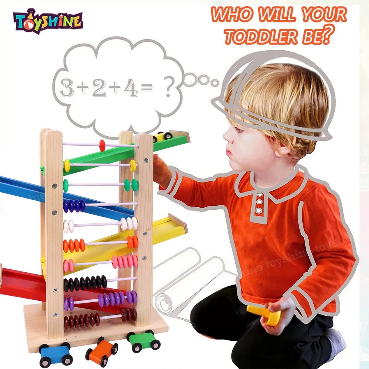 UdrCrafts® Wooden Racer Ramp Toy with 4 Car Ramps, 4 Mini Cars & Abacus – Wood Race Track for 3-5 Year, Boys & Girls –Educational Vehicle Toys- Multi Color