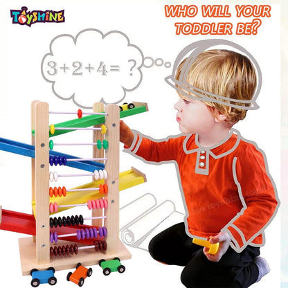 UdrCrafts® Wooden Racer Ramp Toy with 4 Car Ramps, 4 Mini Cars & Abacus – Wood Race Track for 3-5 Year, Boys & Girls –Educational Vehicle Toys- Multi Color