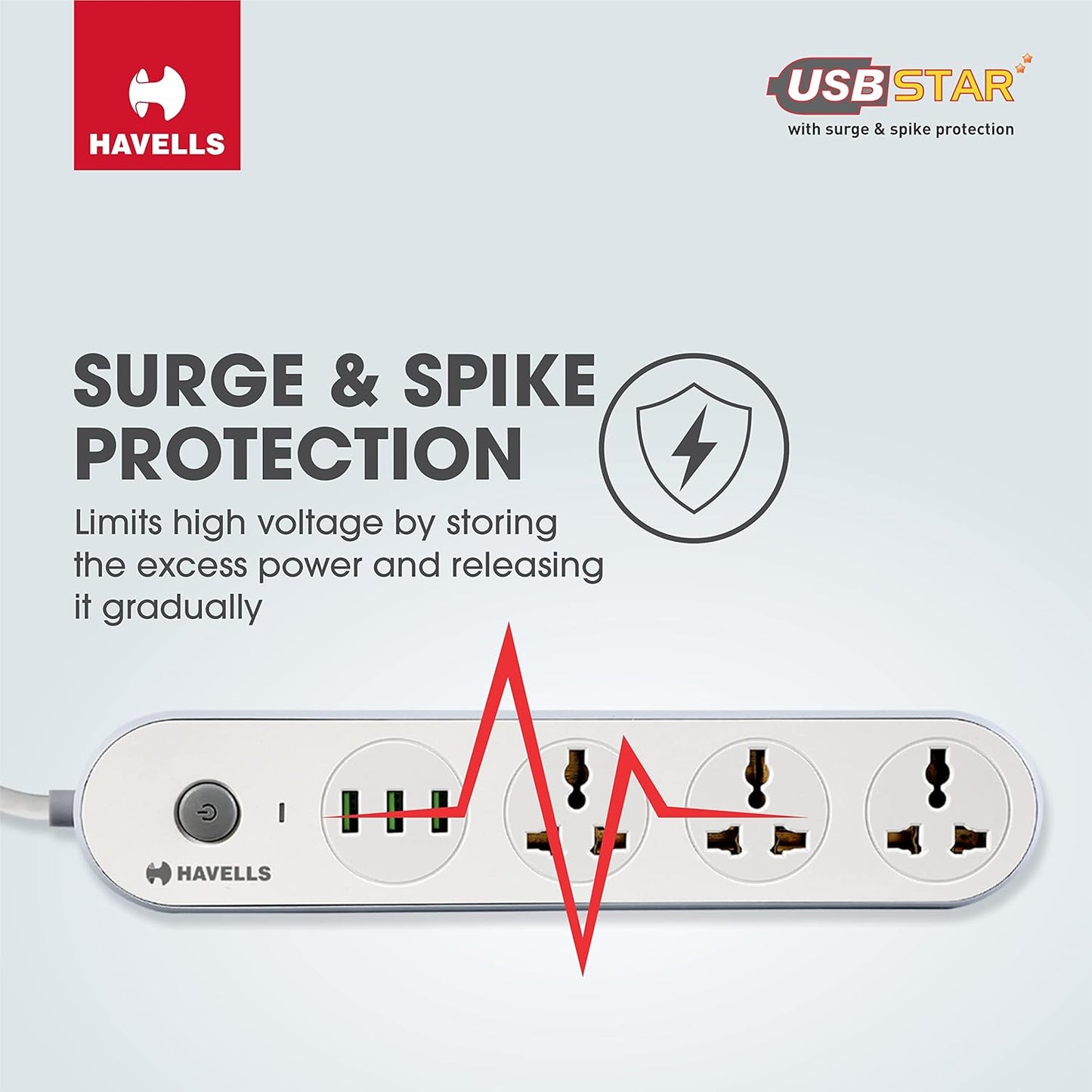 Havells USB Star - 3+1 Extension Board| 1.5Mtr Copper ISI Certified Wire | Surge and Spike Protection | 3 Universal Sockets and 3 USB Ports, 3.1 Amp| 6A, 240 V AC | LED Indicator | Home & Office Use