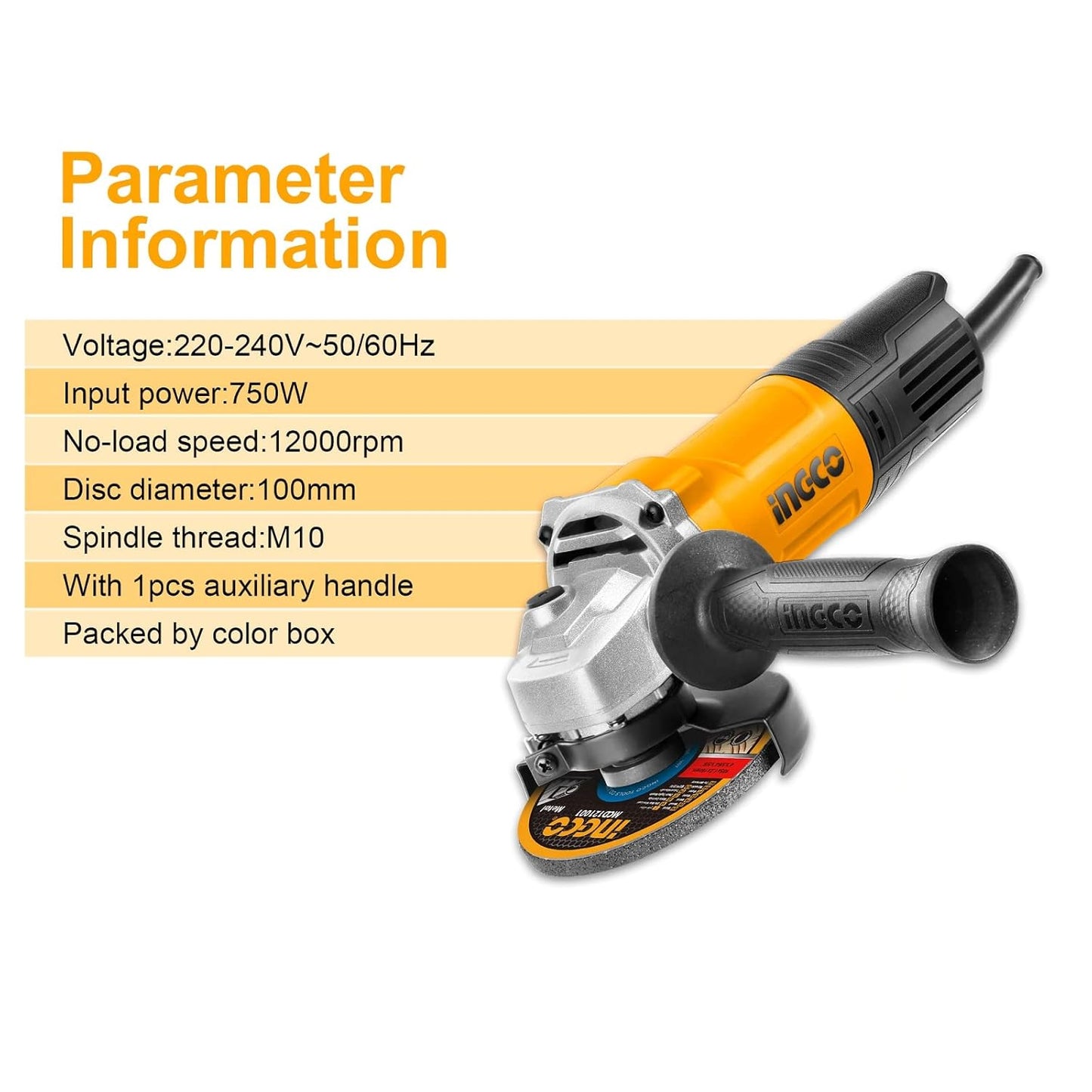 INGCO Angle Grinder, 100mm | 750W | 12000 RPM Power Grinder, Electric Metal Grinder with 1 pcs Auxiliary Handle