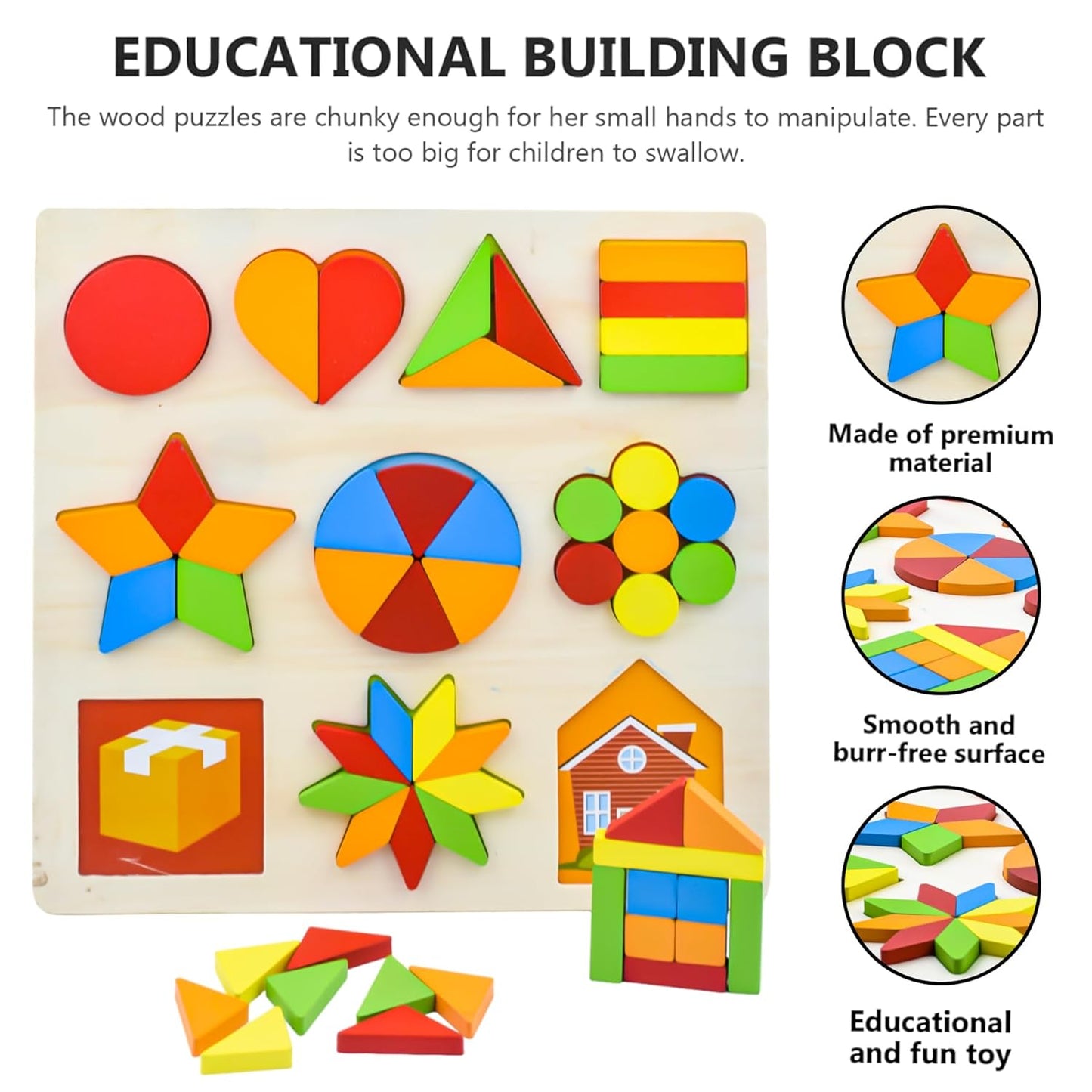 Udaipur HandiCrafts Wooden Shapes Puzzle Learning Toy, Montessori Game Educational Toys for Kids, Intelligence Brain Teaser Puzzle Board with 10 Designer Shapes, Multicolor, 3+ Years (Pack of 1)