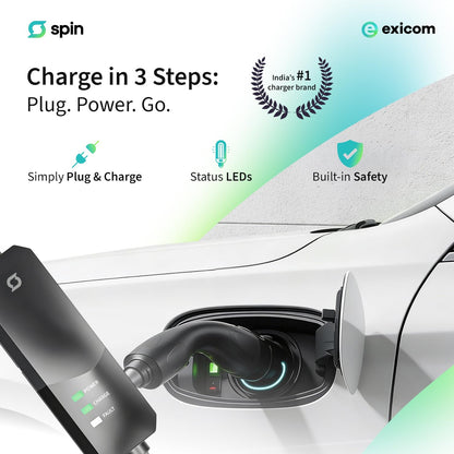 Exicom 3.3 kW Spin Free | Portable ev car Charger for Electric Vehicle AC Charging | ARAI and BIS Certified