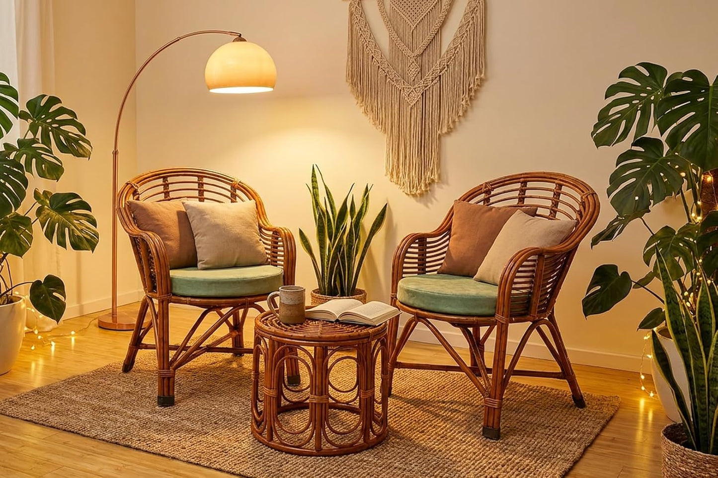 UdrCrafts® Premium Bamboo Chair Set with Table,Kursi,Garden Chairs with Table,Chairs for Living Room, Home, Dining Room, Bedroom, Kitchen, Office, Outdoor & Garden,Set of 2 Chairs & 1 Table, Brown Cane