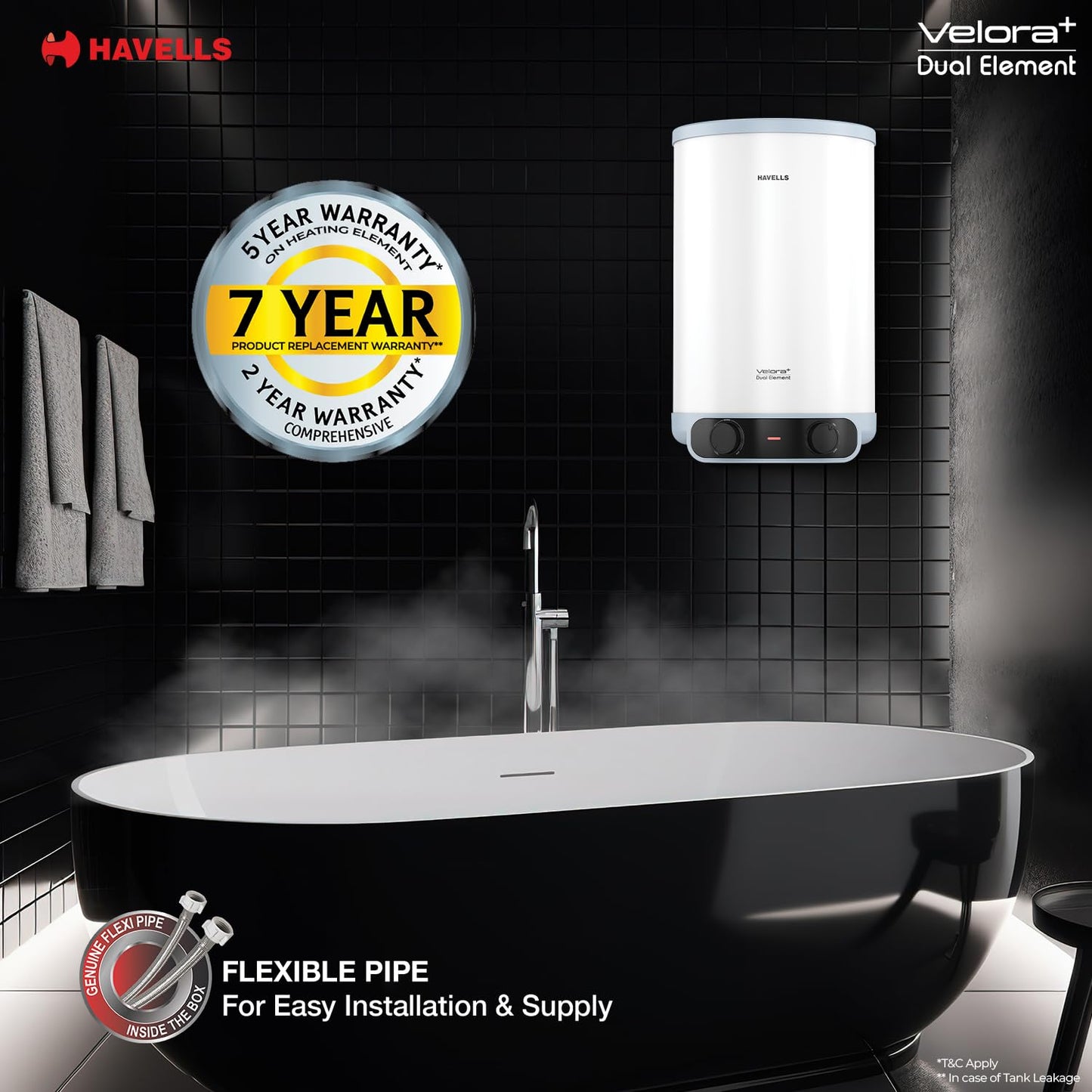 Havells All New Velora+ 25L 5 Star 3-in-1 Convertible Storage Water Heater(Geyser)|Dual Element|33% Faster Heating|safe to use|7 Year Tank & 5 Year element Warranty|Free Installation & Flexi pipes
