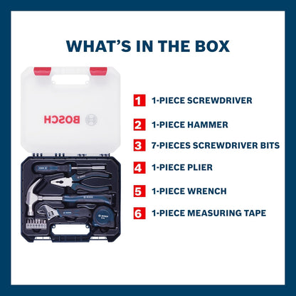 BOSCH Hand Tool Kit, 12-pieces kit, Professional Hand Tools, Precision tools, Ergonomic Design, Durable & Rust-resistant, Blue, Hard Case for secure storage