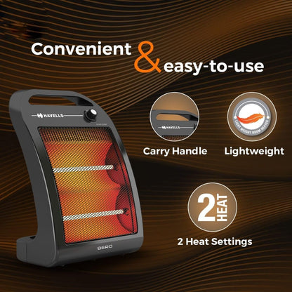 Havells Bero Quartz Heater Black 800 watt 2 Heat Settings 2 Year Product Warranty