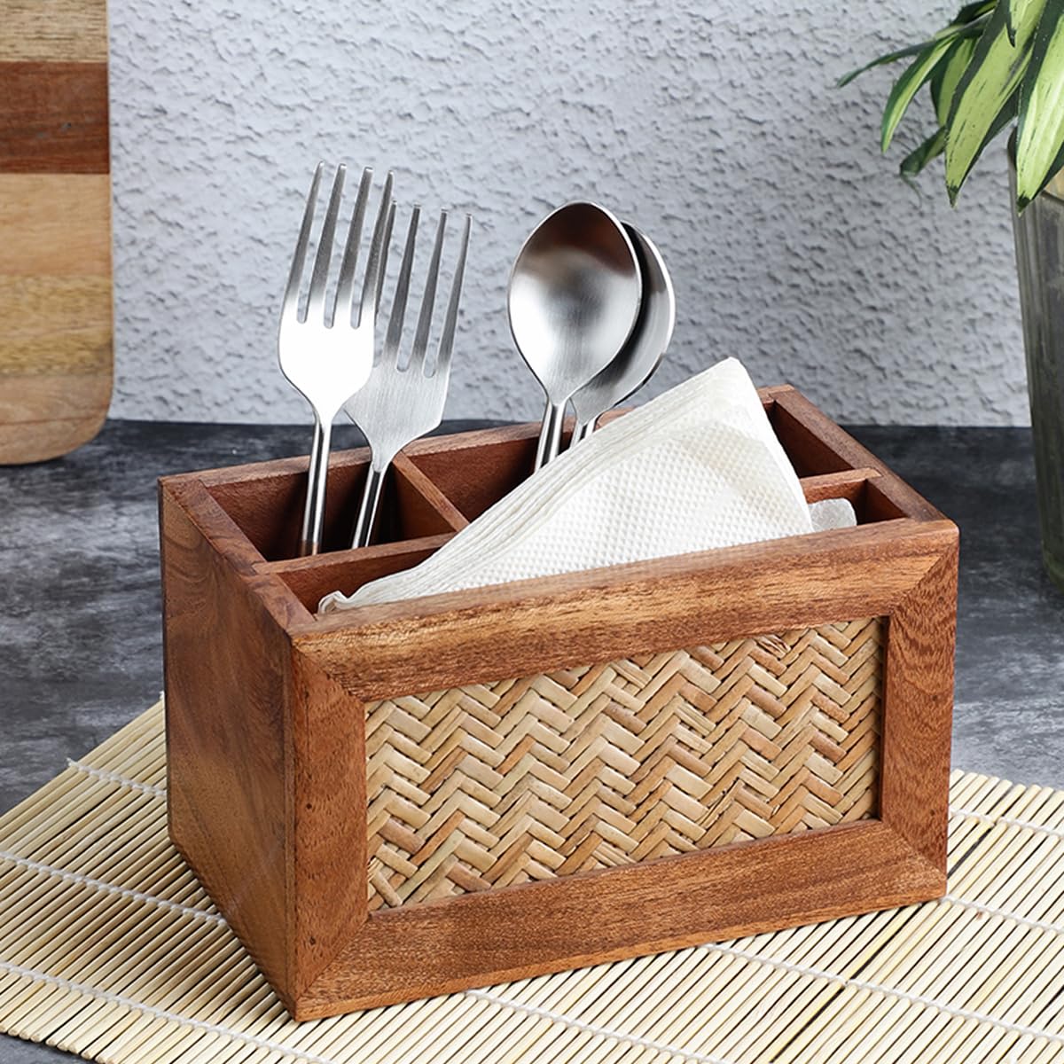 Udaipur Handicrafts Hand Crafted Acacia Wood Chatai Four Part Spoon Holder| Cutlery Holder| Kitchen Caddy | Wooden Cutlery Rack for Kitchen | Wooden Spoon Stand for Dining Table