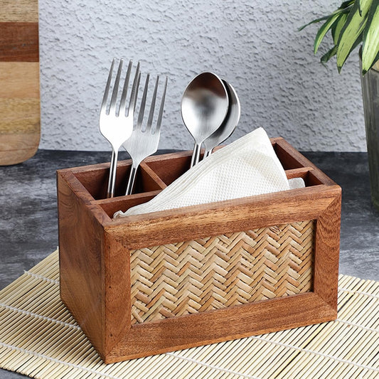 Udaipur Handicrafts Hand Crafted Acacia Wood Chatai Four Part Spoon Holder| Cutlery Holder| Kitchen Caddy | Wooden Cutlery Rack for Kitchen | Wooden Spoon Stand for Dining Table