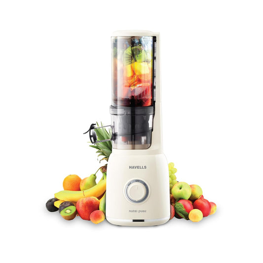 Havells Nutri Pure New Generation Cold Press Juicer|Low Noise DC Motor 105W,40 RPM|All-in-1 Fruit & Vegetable Juicer|Spiral Auger with SS Prong|Mesh Free filter for Easy Cleaning (Ivory) 105 watts
