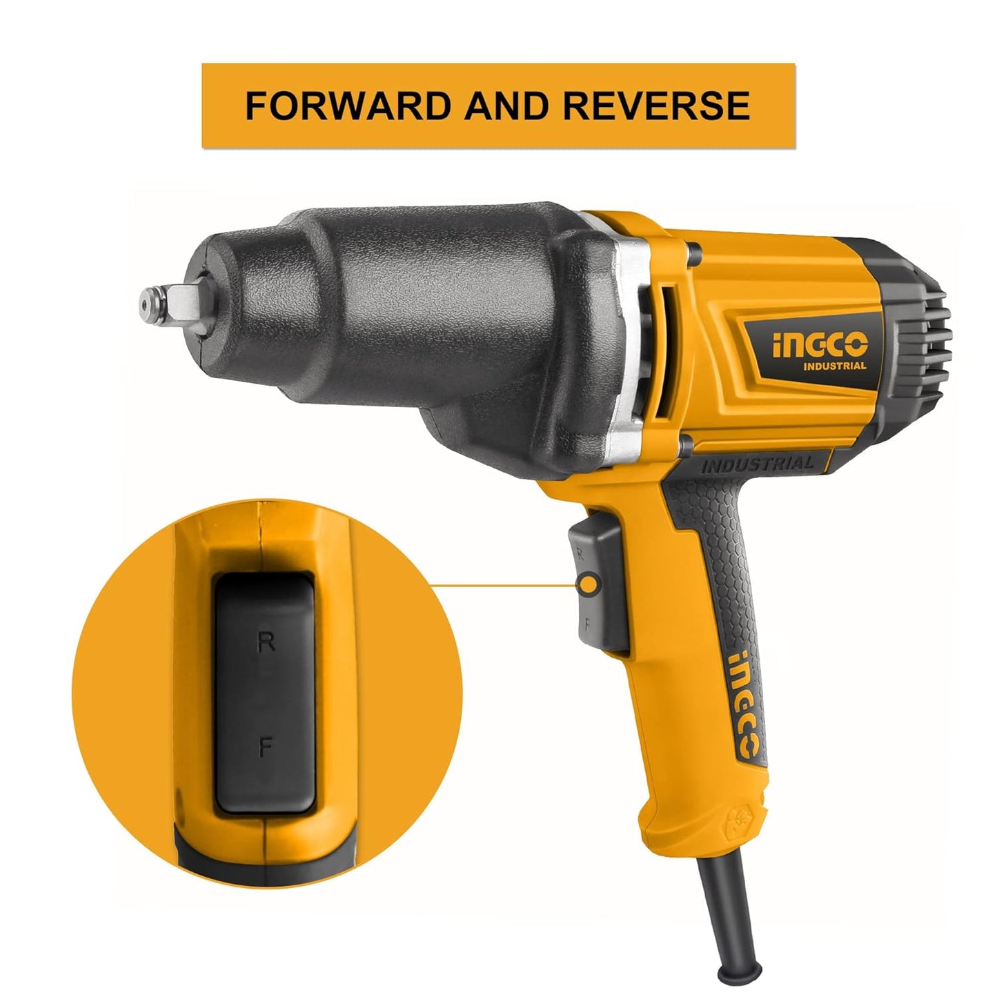 Ingco Impact Wrench, 2300rpm | 550N.M | 1/2"" Square Drive Electric Impact Wrench, Aluminum Gear Box with Rubber, Impact Wrench Tool Kit with 6pcs Sockets, 1pcs 125mm Adaptor