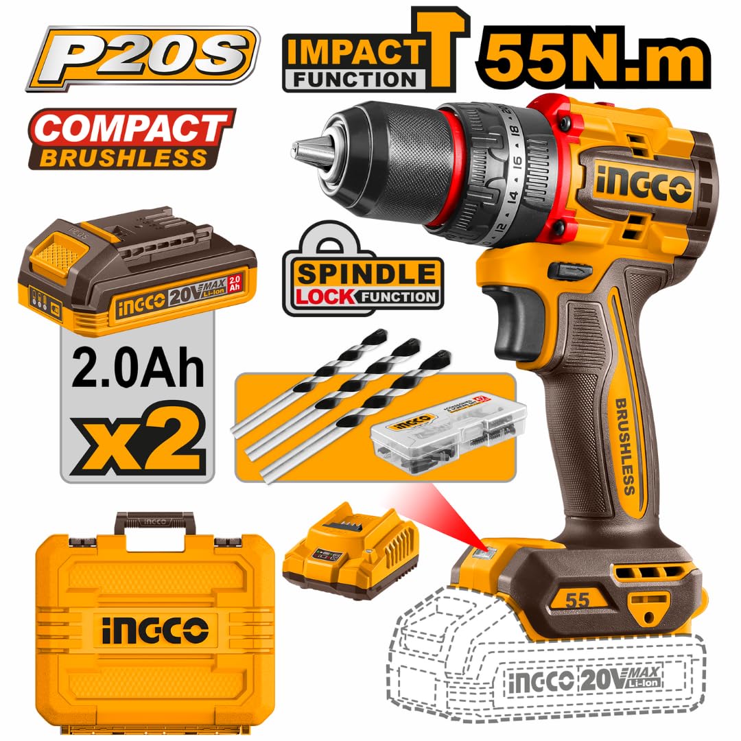 Ingco 20V Cordless Impact Drill, Brushless Motor, 55Nm Torque, 2x2.0Ah Batteries, 50pc Drill Bits Set, Carrying Case, Yellow