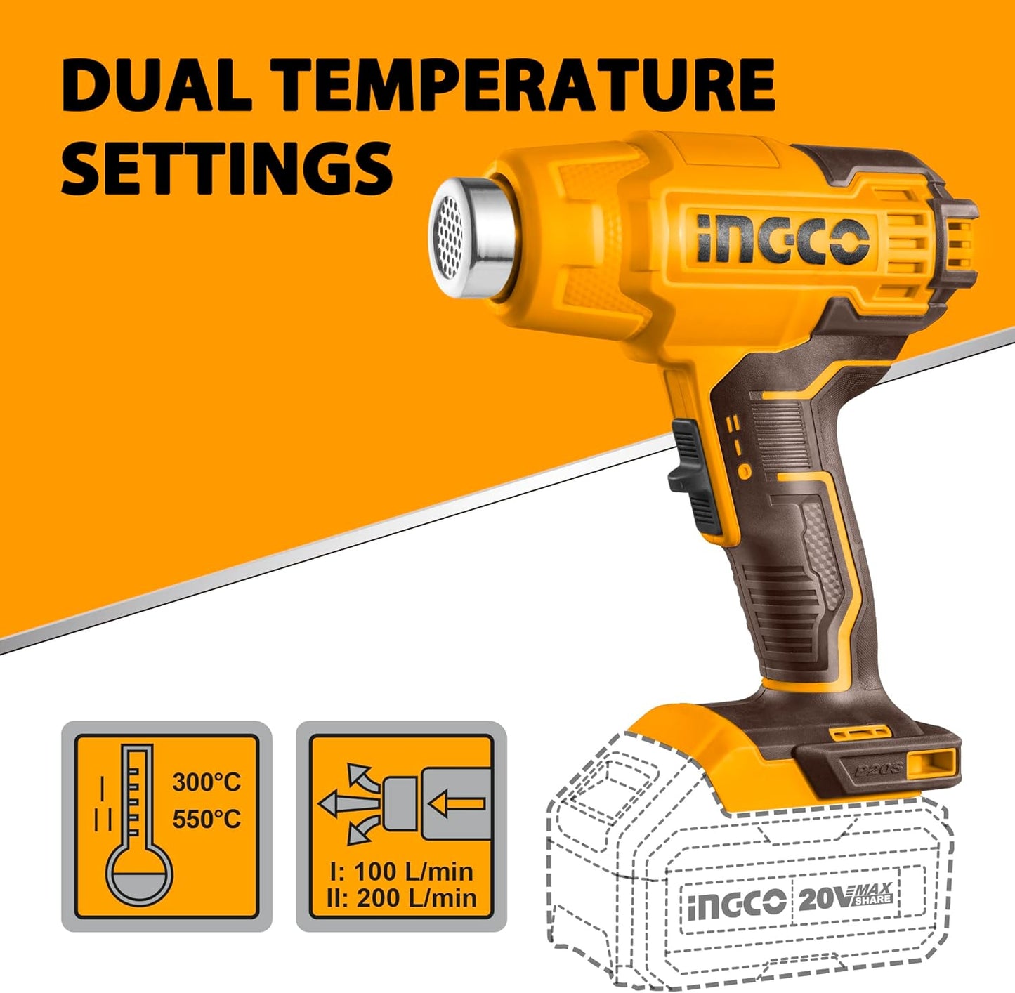 INGCO Cordless Hot Air Gun with 4.0Ah Battery and Charger, Max 1022°F(550°C) 20V Portable Heat Gun Packed by Plastic Box, 3Pcs Nozzle for Pipe Bending, Shrinking, Paint Stripping HGLI20025