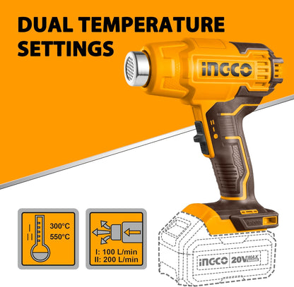 INGCO Cordless Hot Air Gun with 4.0Ah Battery and Charger, Max 1022°F(550°C) 20V Portable Heat Gun Packed by Plastic Box, 3Pcs Nozzle for Pipe Bending, Shrinking, Paint Stripping HGLI20025